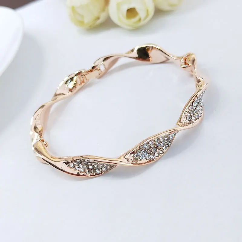 

Elegant Rose Gold Silver Rhinestone Geometric Figure Twist Spiral Cuff Bangles Bracelet For Women