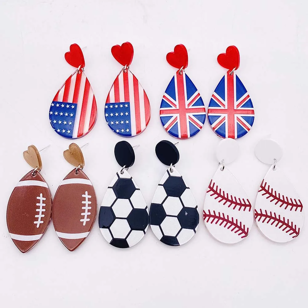 

New Creative Football Pendant Earrings Jewelry Acrylic American Flag Drop Shape Pendant Earrings For Women