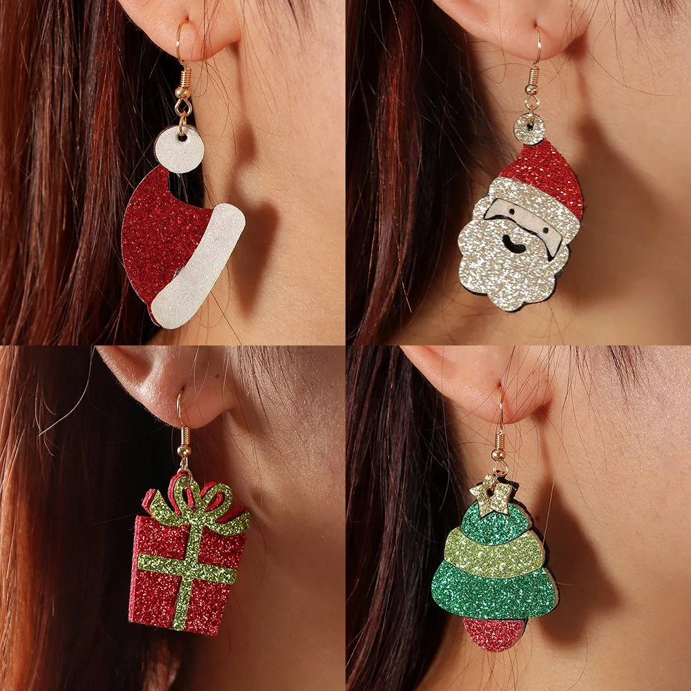 

Xmas Gift Jewelry Wholesale Cute Glitter Cloth Santa Claus Elk Stud Earrings Christmas Earrings, As pictures