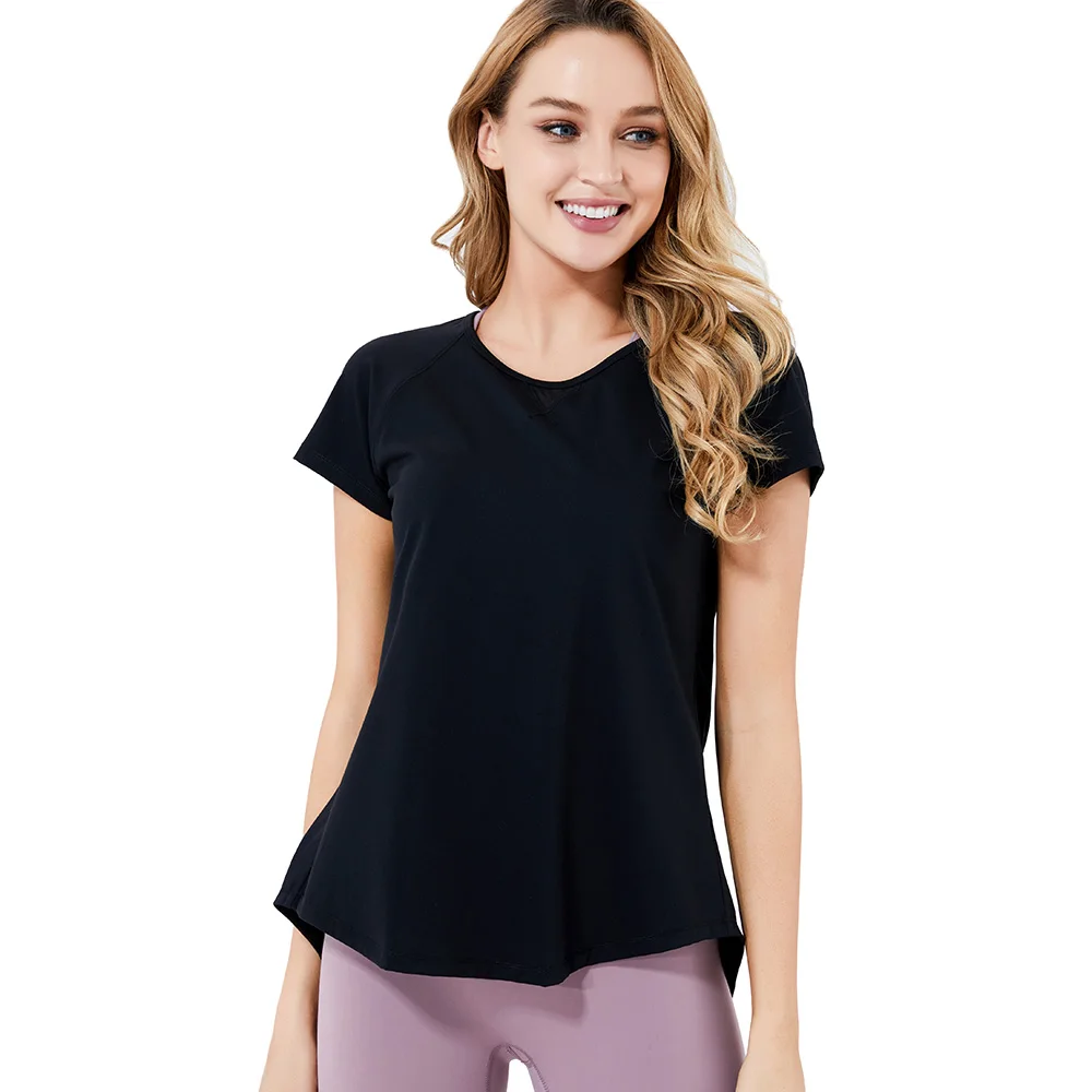 

New Style Patchwork mesh Short Sleeve Tops round Neck popular split Solid Activewear Ladies casual mesh activewear