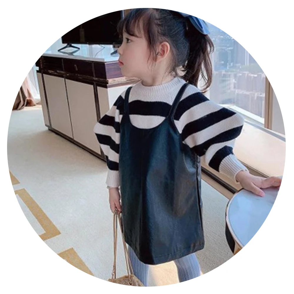

kids clothing dress set girls sleeveless black leather dress and stripe sweater two piece set