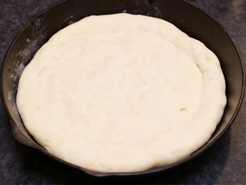 Homemade pizza dough in cast iron pan before baking