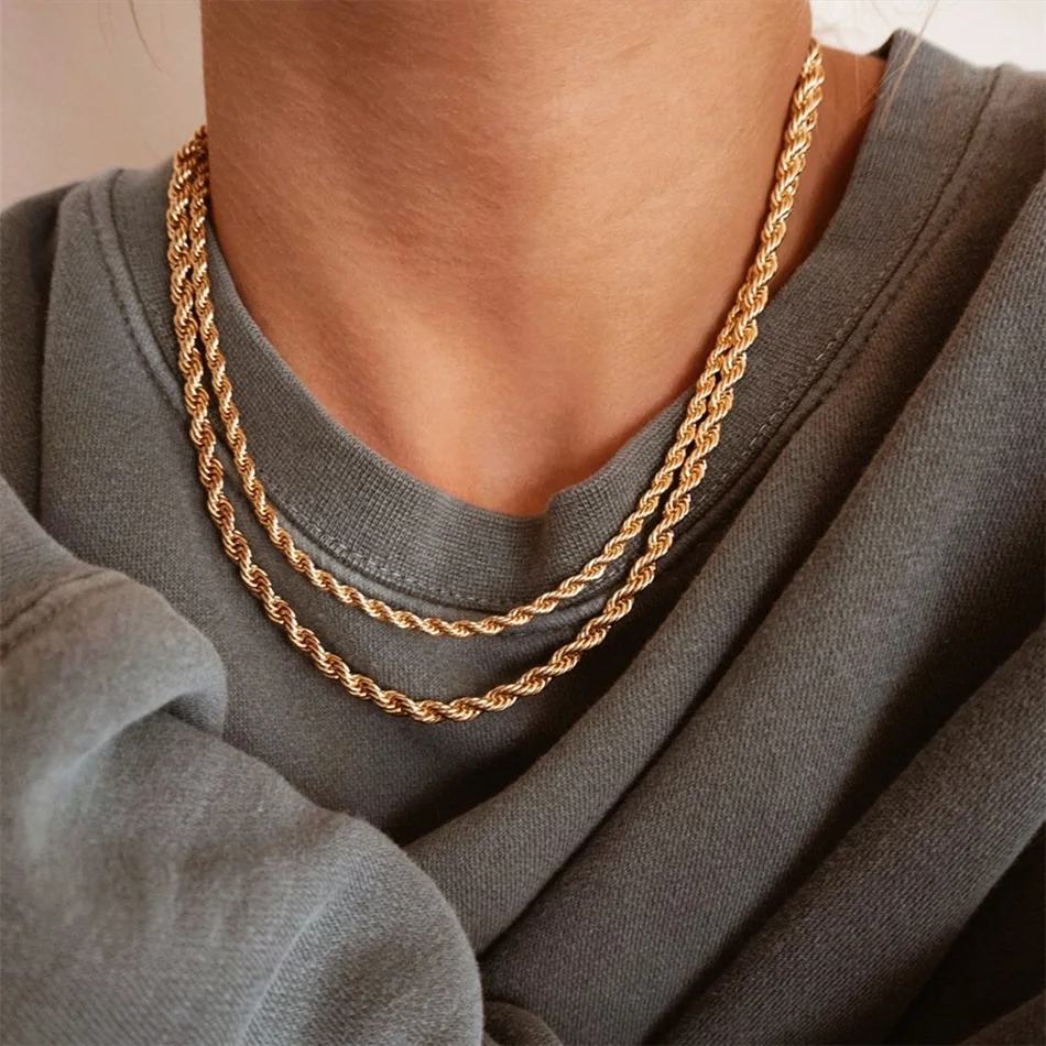 

Minimalist Stainless Steel PVD Plating 3mm 14K Gold Plated Twisted Chain Necklace, Silver/14k gold