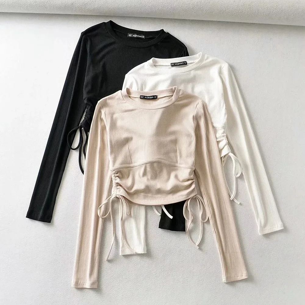 

B53235A Autumn new lady fashion round collar long sleeve drawstring t-shirt, Black/white/apricot