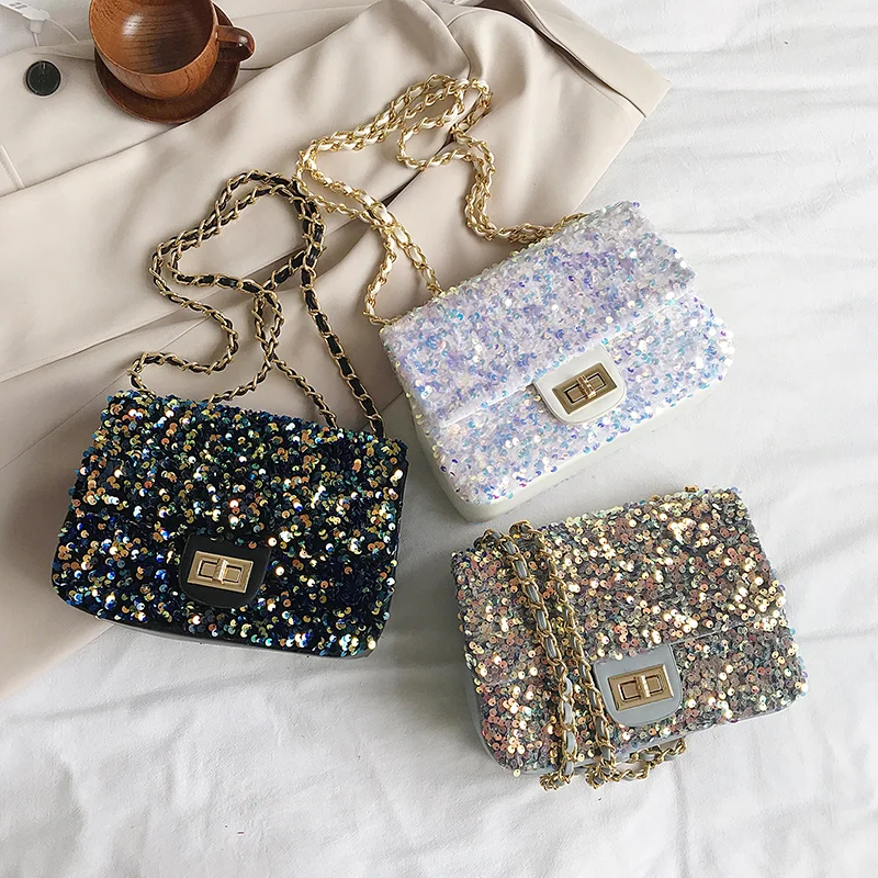 

Fashion women glitter sequin women hand bags ladies shoulder cross bag handbags bling purses with chain, 3 colors