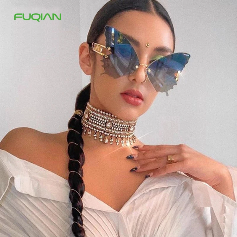 

New Arrival 2021 Designer Rimless Gradient Trendy Glasses Butterfly Women Oversized Shades Sunglasses, Any colors is available