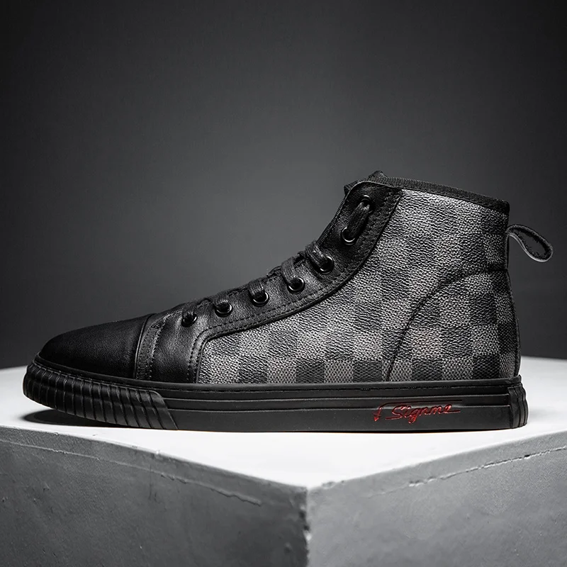 

Men's Trendy Men High Quanlity High Top Shoes plaids genuine leather Casual Shoes, Grey/brown