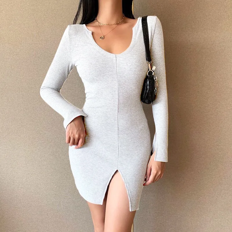 

2021 new sexy slim dress with buttocks and V-Neck long sleeve split solid color Club trendy casual Street women's dress