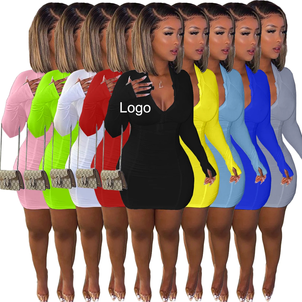 

2021 Long Sleeve Sexy Girls' Dresses Casual Short Mini Bodycon Dresses Spring Women Clothing Zipper Front Ropa De Mujer, Picture