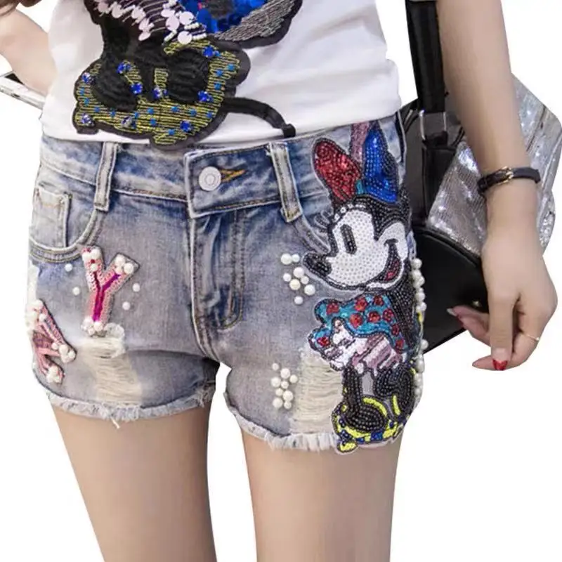 

Hollow ladies retro denim shorts ladies sexy high waist fringed denim shorts