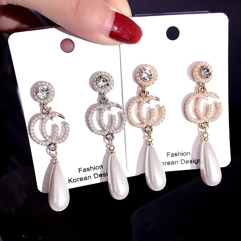 

New arrival 925 sterling silver pearl earrings Korean statement bridal baroque pearl cc letter earrings for women