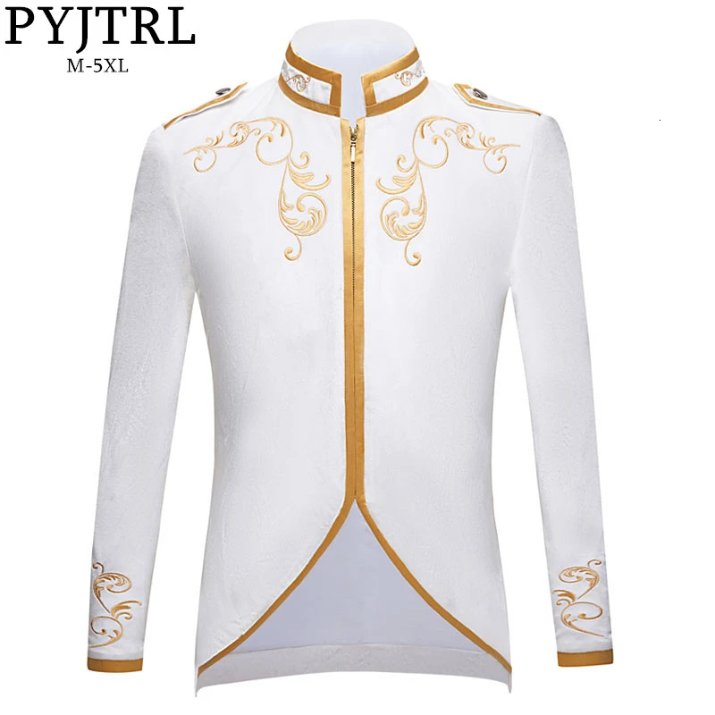 

PYJTRL British Style Royalty Prince Velvet Gold Embroidery Men Suit White Blazer Wedding Groom Slim Stage Singers Costume Homme, Pure white