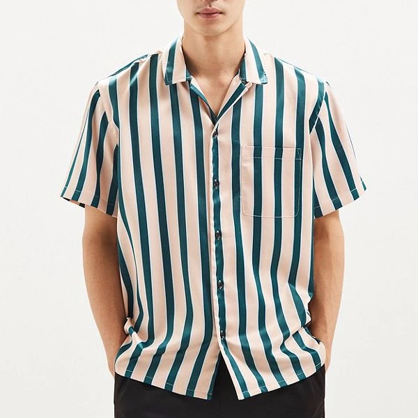 

MGOO Satin Silk Shirt Men Stripe Custom Print Patchwork Button Down Short Sleeve Shirts, Customized color