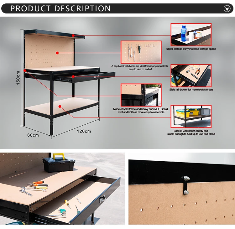 Tough Multi Purpose Workbench Table W/ LED Light Steel Frame Garage Tool Storage 