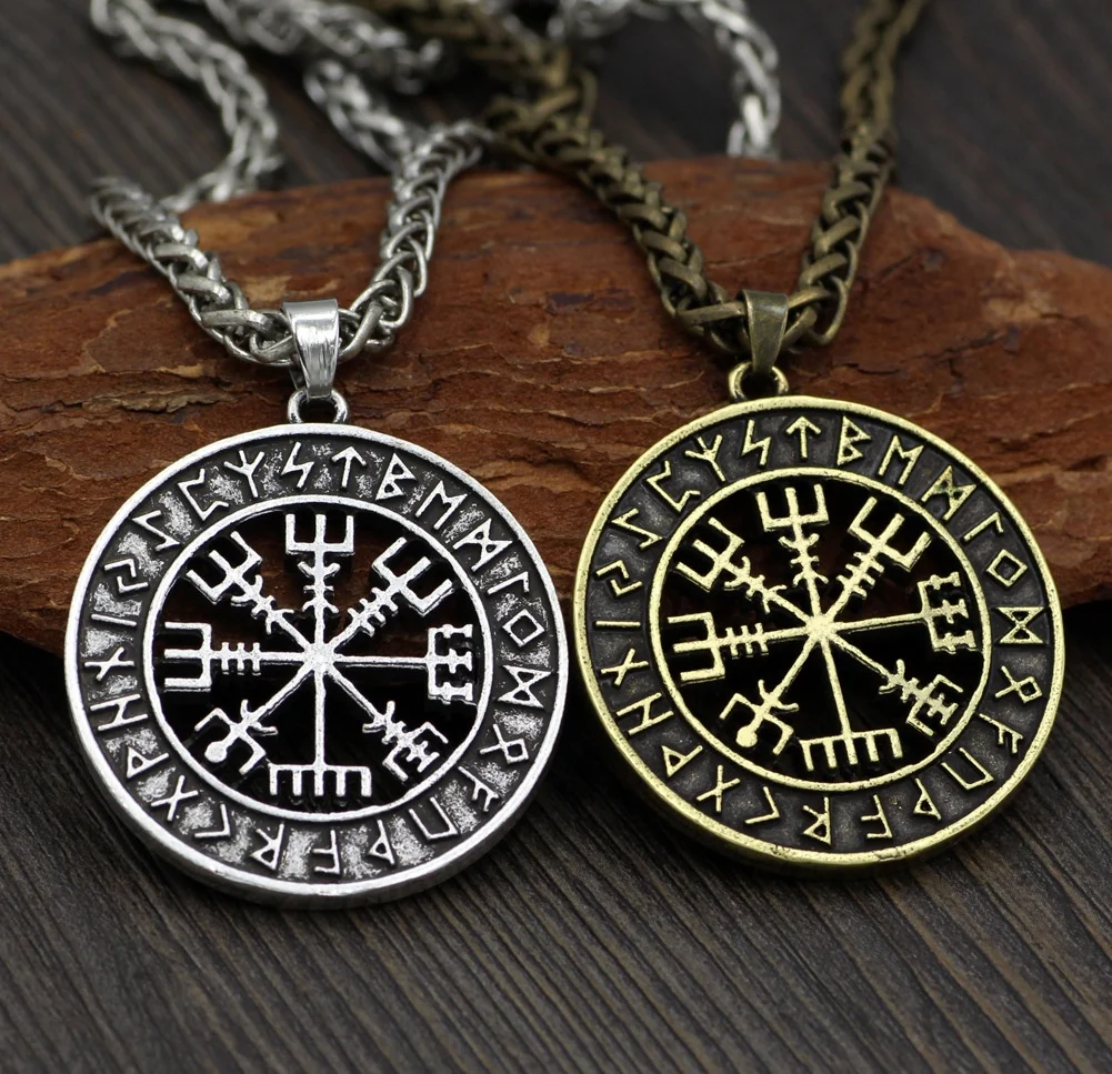 

Ancient Silver Bronze Color Pendant Punk Jewelry Leather Chain Viking Odin Symbol Rune Amulet Compass Pendant Necklace for Men
