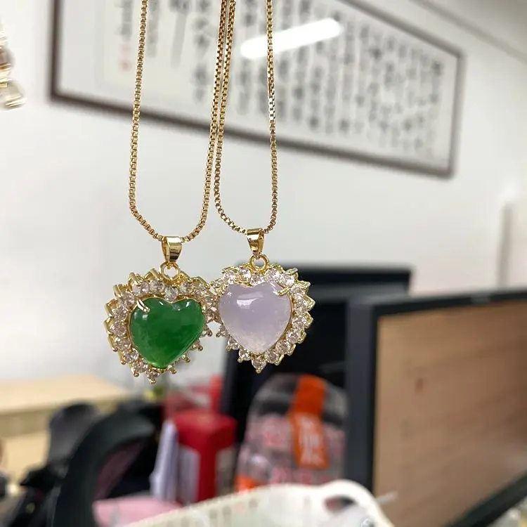 

jialin jewelry jade pendant diamond iced out natural stone lavendar green love teardrop shape jade heart necklace, Picture shows