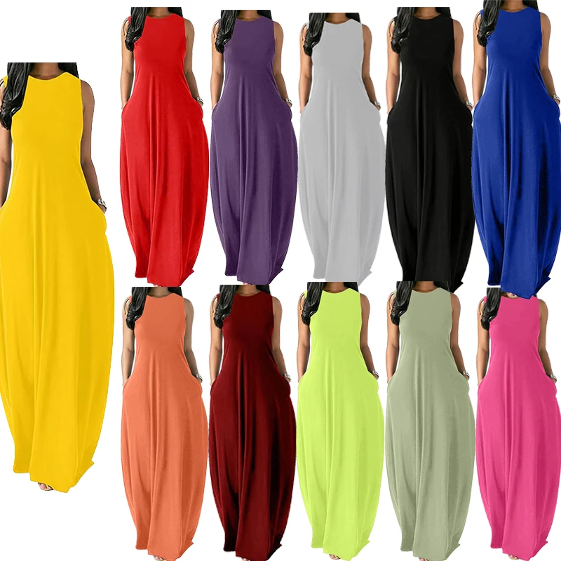 

Silk Fiber Maxi Dress Summer Sleeveless Round Neck Loose Maxi Sundresses Casual Long Dress With Pockets For Women Casual, Shown