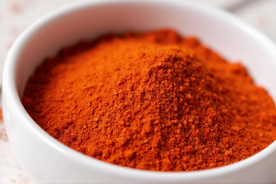 Close-up photograph of vibrant red cayenne chili flakes against white ceramic bowl showing texture and color variation