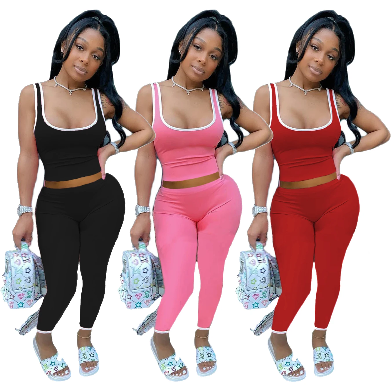 

Summer new fashion European and American women's fashion casual solid color vest pants two sets