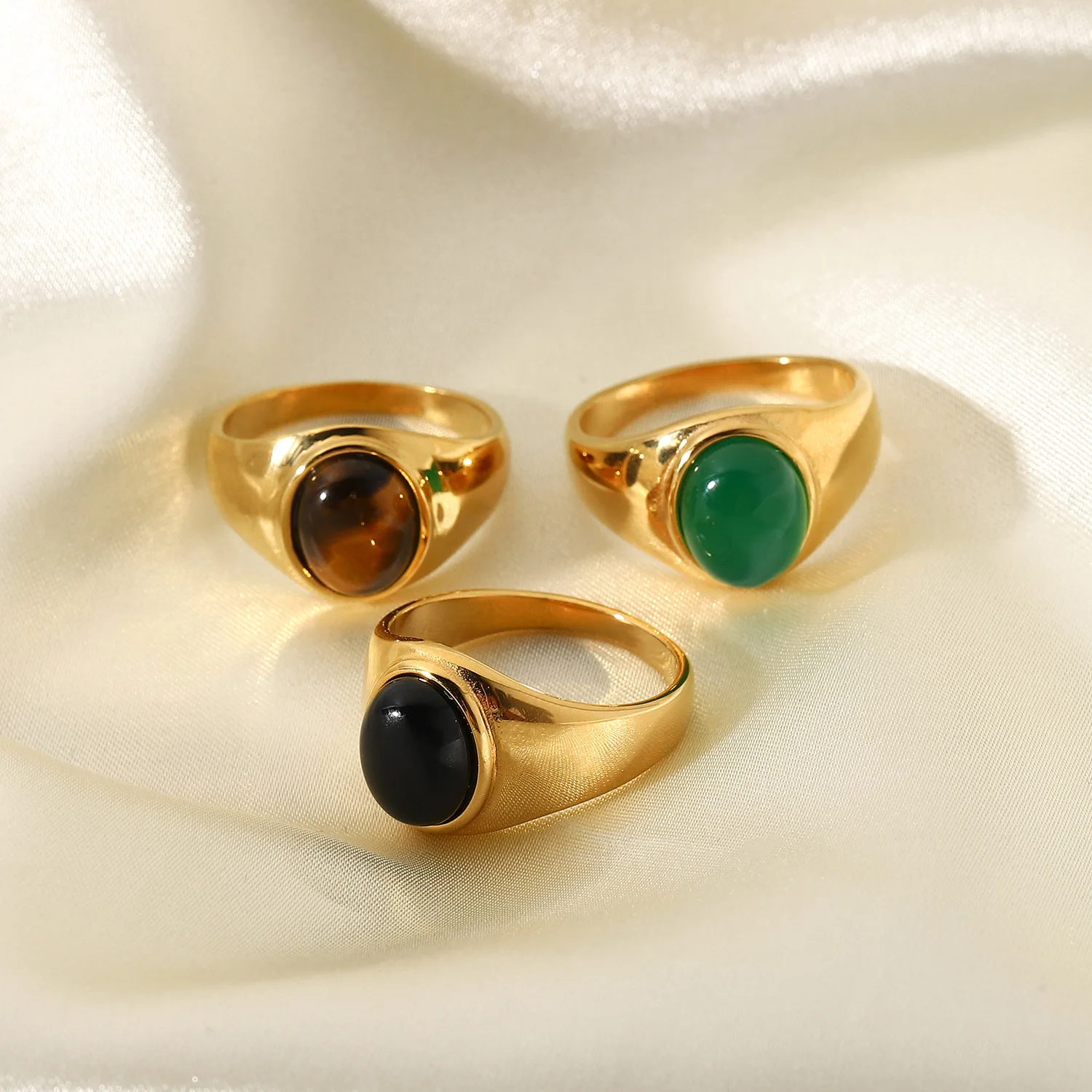 

New Vintage Oval 18K Gold Plated Stainless Steel Gemstone Tiger Eye Stone Jade Ring