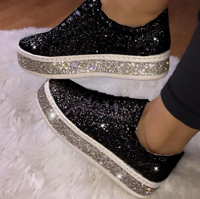 

Spring Autumn Women Sneaker Black Platform Shoes Casual Breathable Crystal Bling Lace Up Sport Shoes sports shoes for women