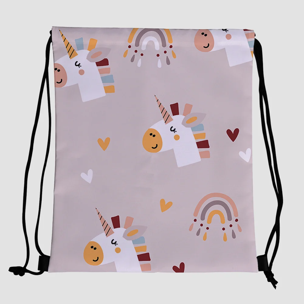 

2021 custom logo polyester drawstring backpack kids Unicorn pattern promotional waterproof wholesale for ladies men tote bags