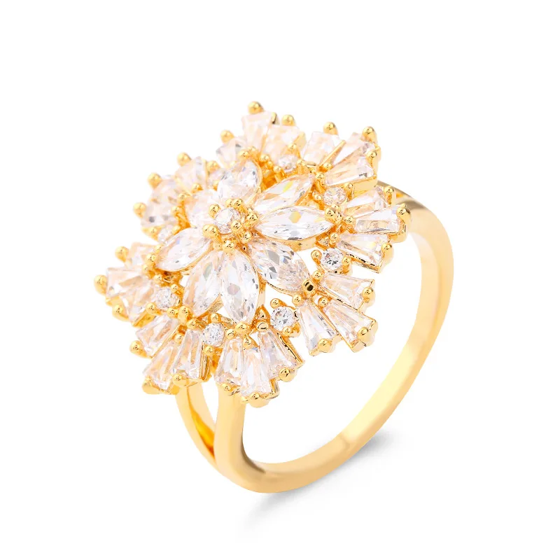 

Popular New Design Gold Flower Ring Jewelry Women Diamond Rose Gold Plated Zircon Flower Girls Rings