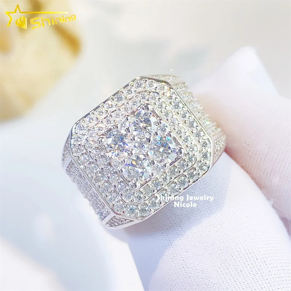 

Ready To Ship GRA Certificate Hip Hop Iced Out Square Shape 925 Silver Mens Engagement Moissanite Ring