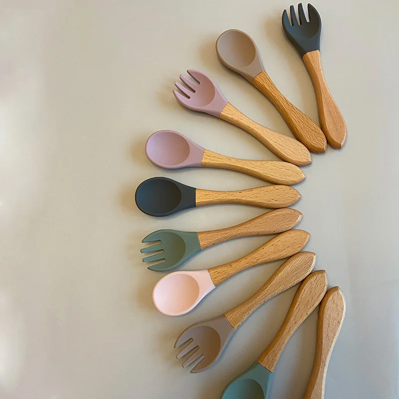 

Eco-friendly Silicone Wooden Spoon Fork Feeding Set Toddler Baby Bamboo Spoon, 10 colors