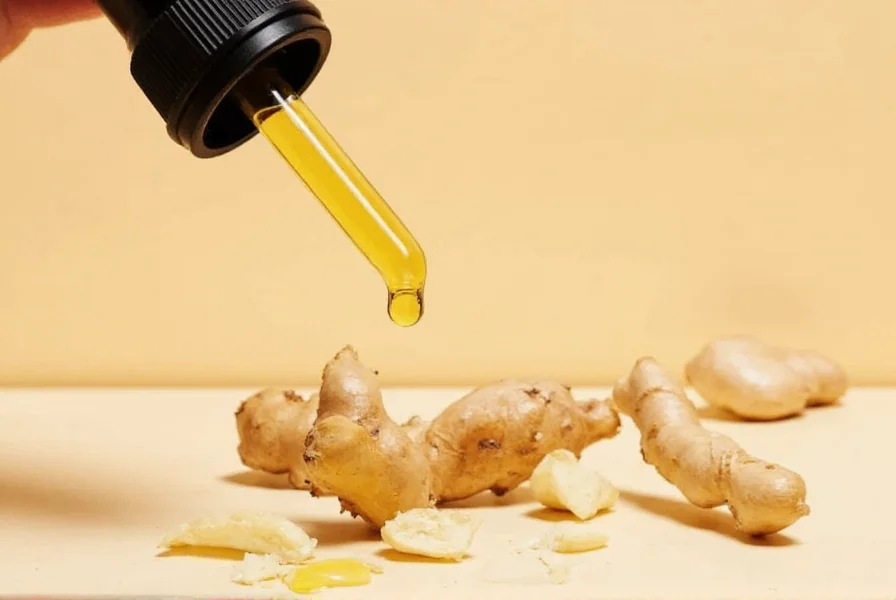 Pure ginger essential oil bottle with fresh ginger root