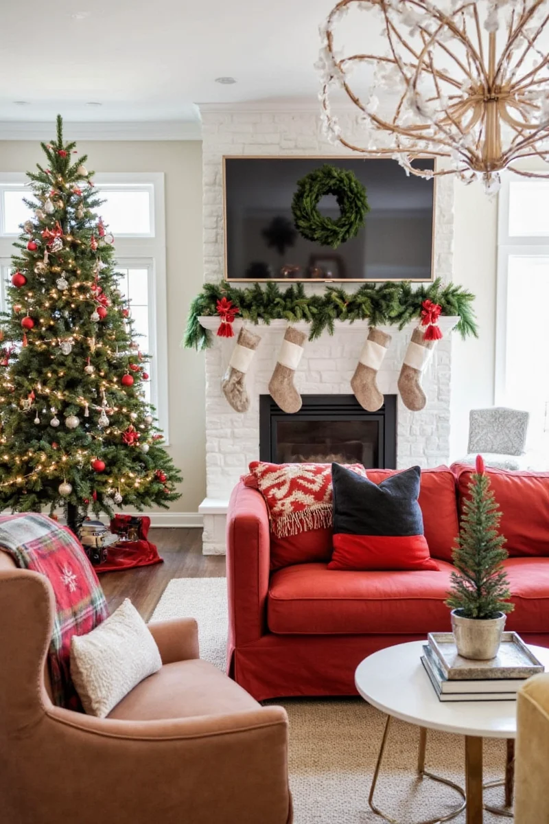 Holiday wall art and frames in a festive living room