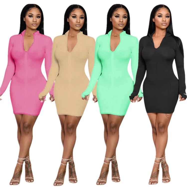 

EB-2082830 Long sleeve dresses women night club solid color sexy clothing