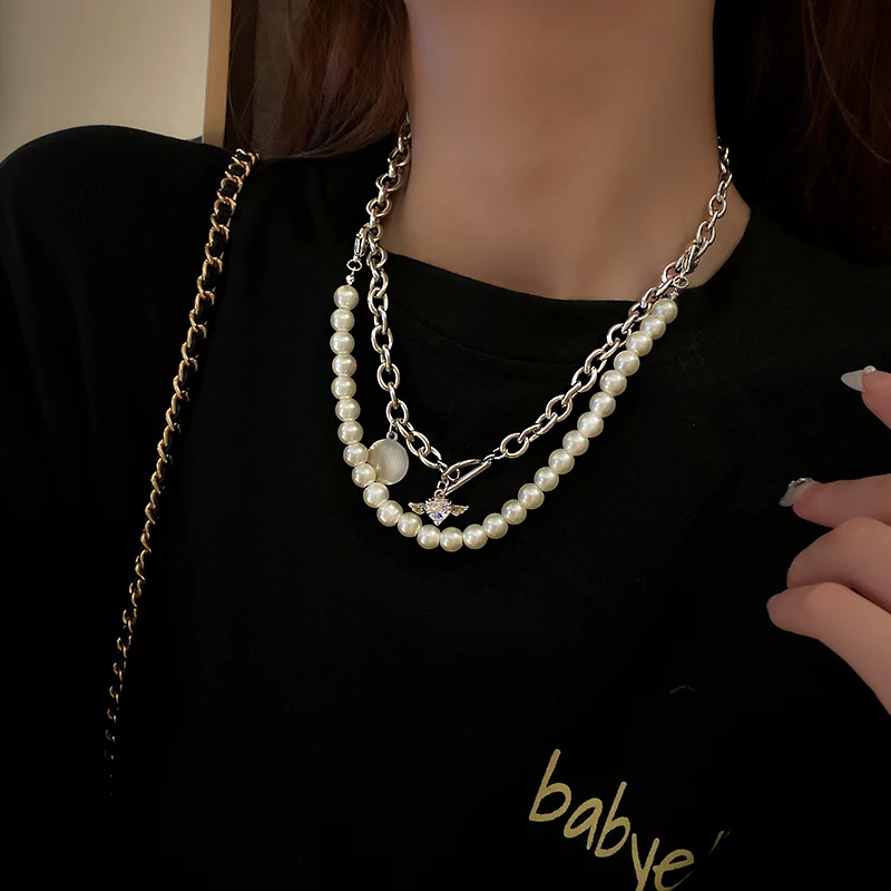 

trendy fashion pearl heart crystal chains double layer necklace