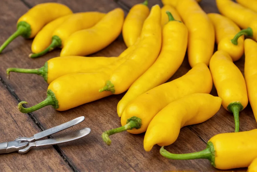 Close-up photography of various yellow chili pepper varieties arranged on wooden table with gardening tools