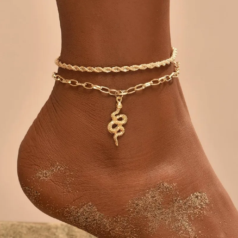 

CAOSHI Punk Design Jewelry Women 18k Gold Plated Twisted Rope Chain Multilayer Bracelet Hot Selling Snake Pendant Charm Anklets