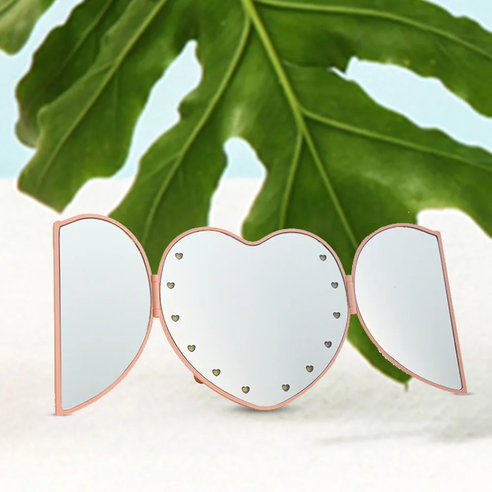 

Heart Shaped Fold Three Sided Led Lights Hand Mini Cute Mirror