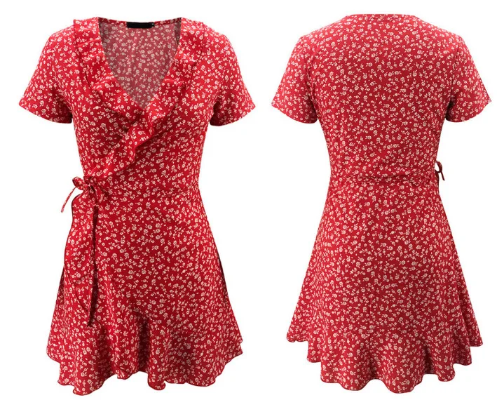 

Western Style V-Neck Short Sleeve Modest Dresses Slim Bandage Ruffled Floral A Line Women Sexy Casual Dress