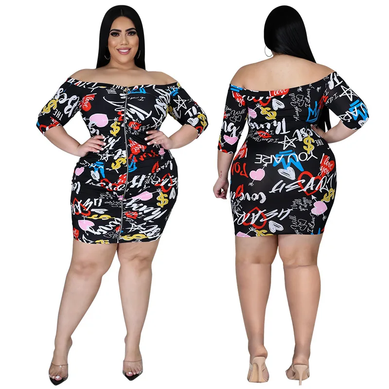 

2021 autumn new plus size women's mid-sleeve sexy zipper open office dress