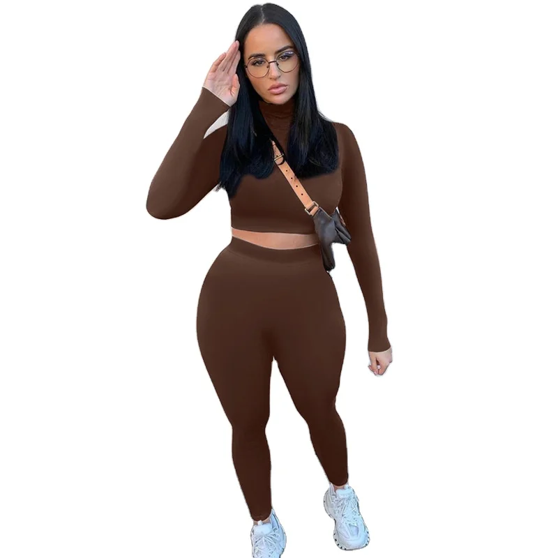 

Summer 2021 Tracksuit women turtleneck full crop top leggings two piece set sporty fitness casual outfits, Picture shows