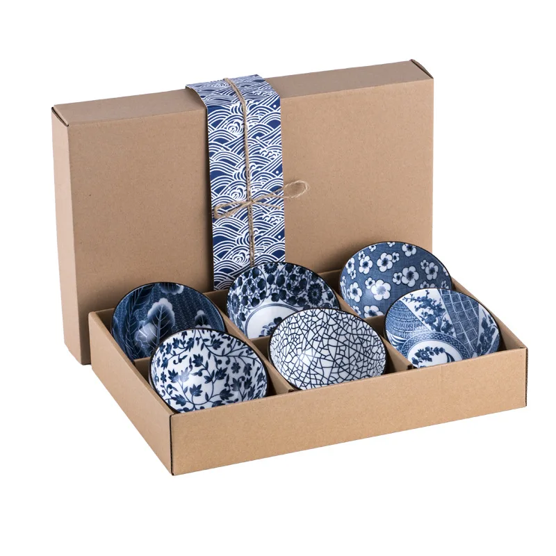 

4.5 Inch Natural Healthy Japanese Ceramic Bowl Gift Set Blue And White Porcelain Bowl Christmas Gift, Any pms colour is accepted