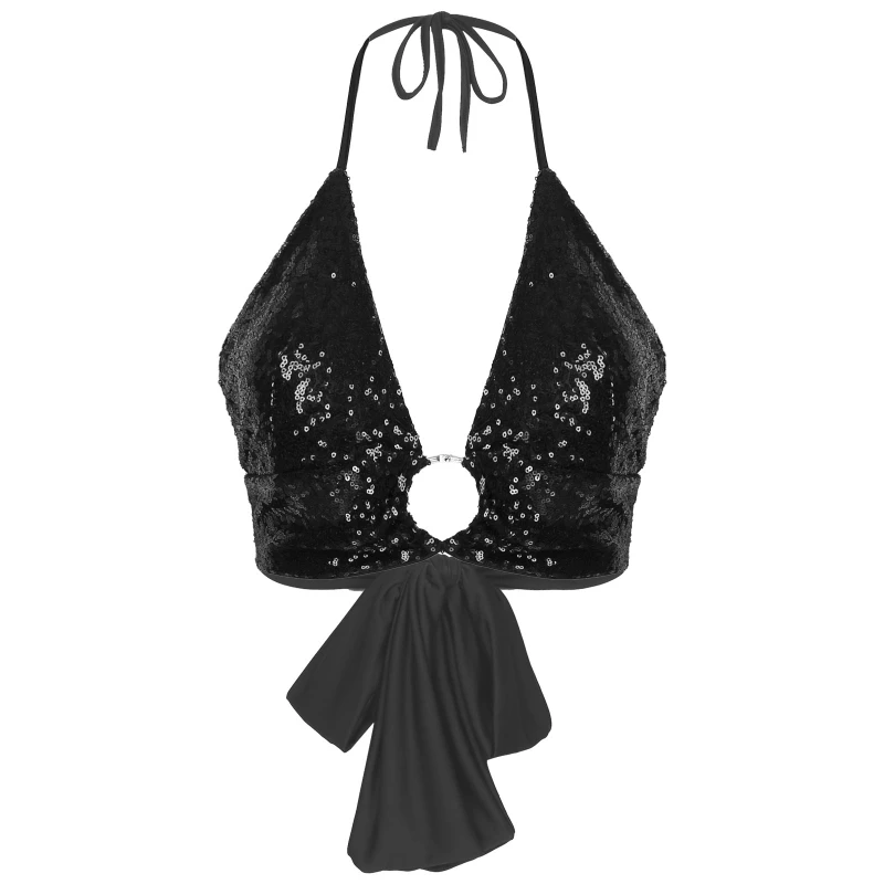 

Fashion Women Shiny Sequin Halter Neck Bikini Bra Tops Backless Dance Lace Up Crop Top Festival Party Clubwear