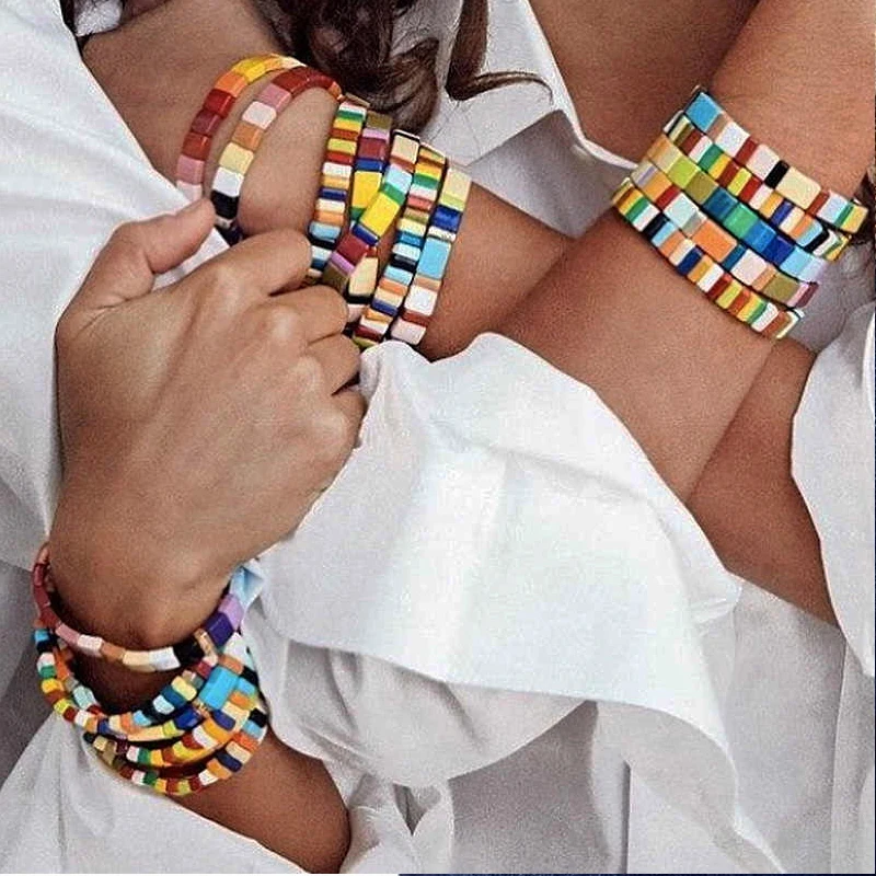

DIY Friendship Bohemia Rainbow Bracelets LOVE Letter Enamel Tile Bracelet For Women Summer Jewelry, Customized color