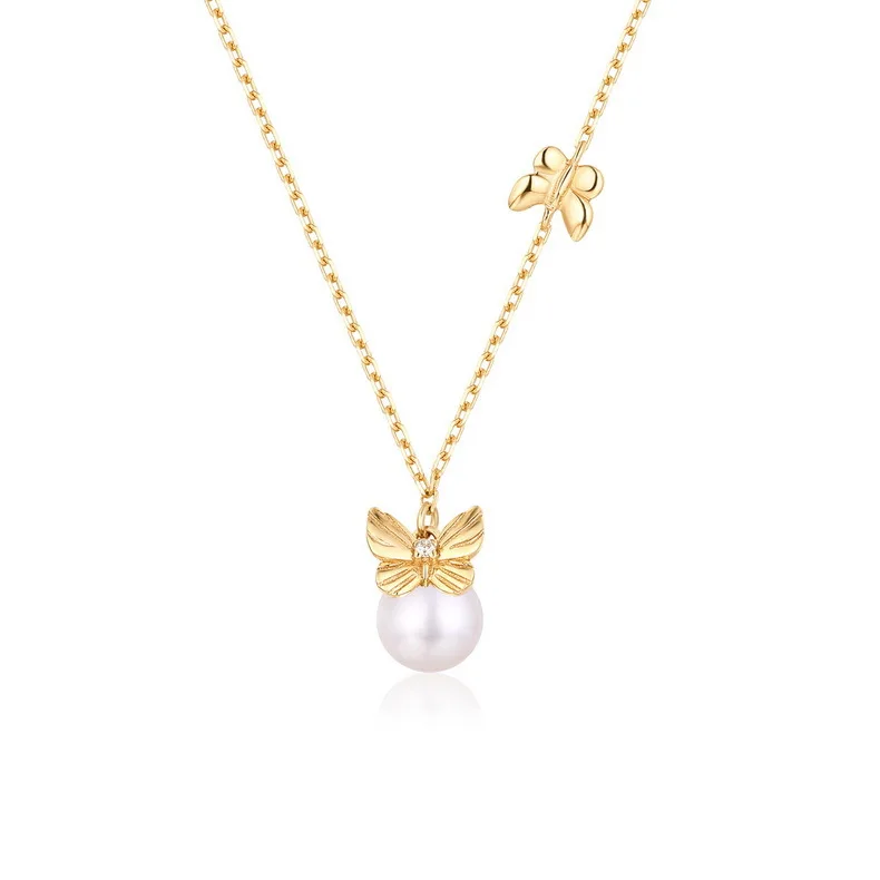 

S925 sterling silver freshwater pearl necklace butterfly pendant necklace 18k gold plated simple elegant women chain necklace