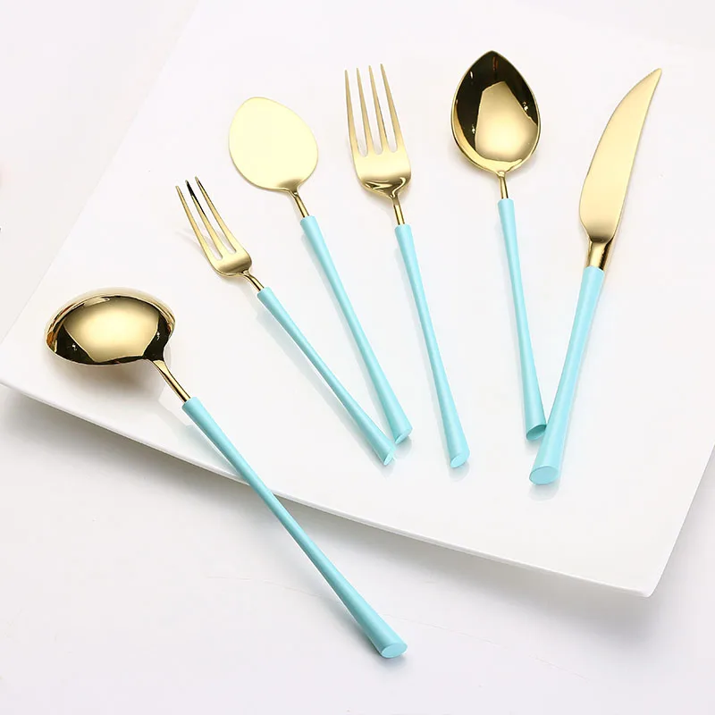 

Durable Restaurant Cutlery Hotel Flatware Europe Style Mirror Polish Cutlery Set Stainless Steel Flatware, Ice blue and gold color