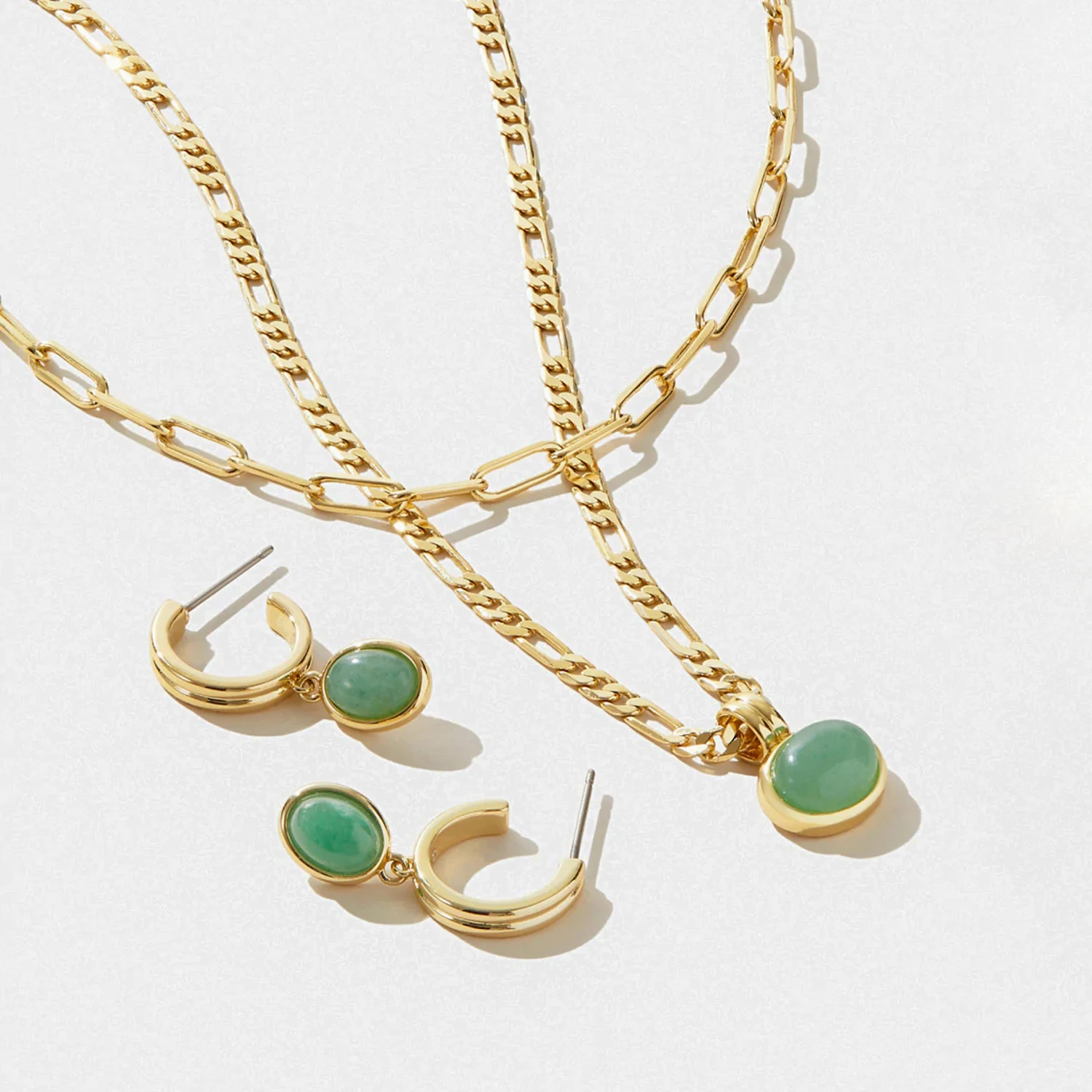 

Natual Stone Stainless Steel Jewelry Sets 18k Gold Figaro Chain PVD Plating CC Hoop Earrings Green Agate Pendant Necklace Women