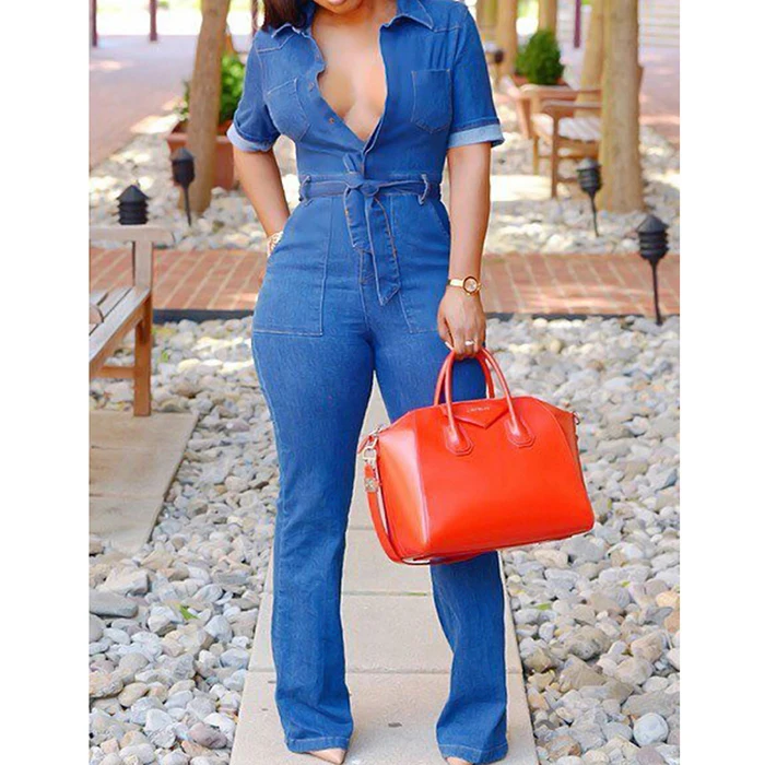 

Wonder Beauty Stylish V Neck Lace-up Short Sleeve Blue One-piece Jumpsuits Denim