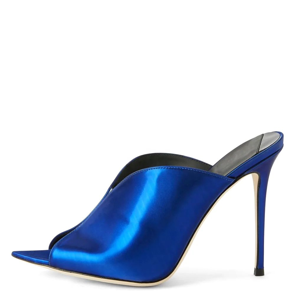 Pointed Open Toe Metallic Royal Blue Ladies Slip on Sandals Stiletto Mules High Heel Womens Shoes