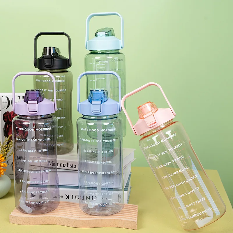 2 litre Gym Sports Bottle Drinking Jug motivational gallon water bottle with Time Keeping Marker and Straw
