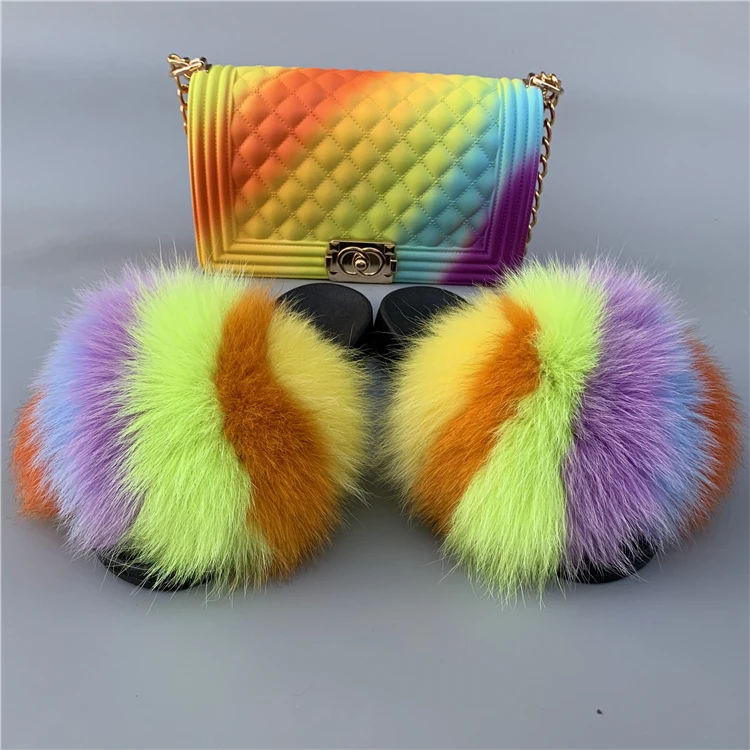 

Women Shoes Fox Fur Slippers Fur Slippers Rainbow Colored Shoes Cute Fur Slippers Travel Color Jelly Bag Set
