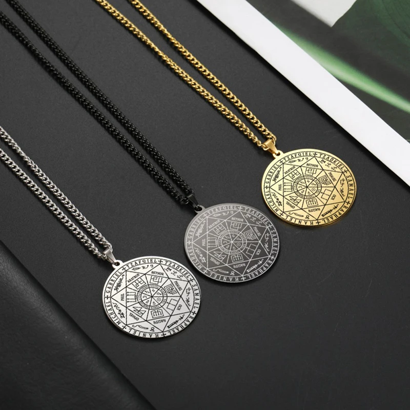 

Stainless Steel 7 Archangels Sigil Charm Necklaces For Men Archangels Sigil Necklaces Pentacle Magic Amulet Protection Talisman, Steel color, gold, black